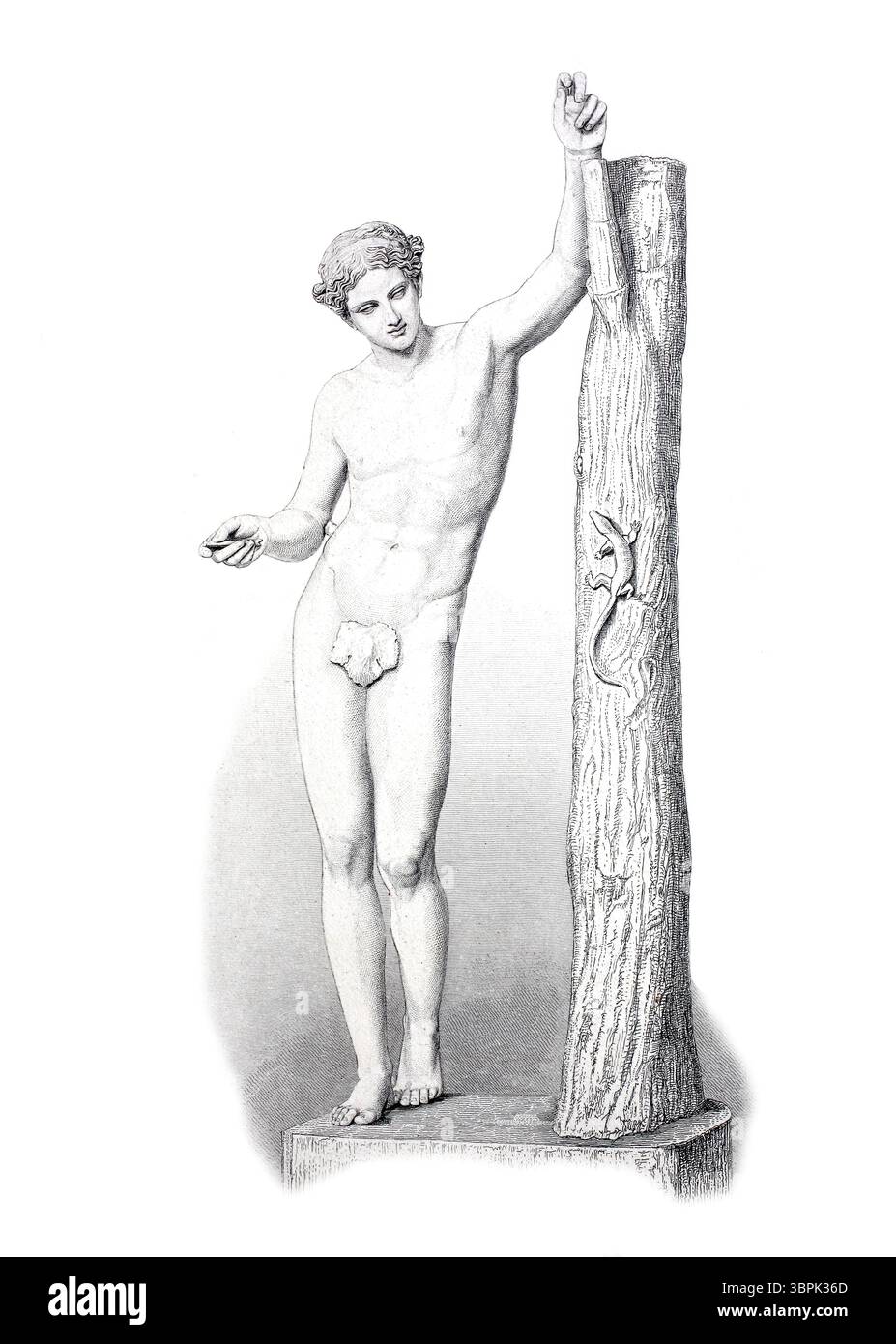 Apollo Sauroktonos, eine antike Bronzestatue des Künstlers Praxiteles, die Mitte des 4. Jahrhunderts v. Chr. geschaffen wurde. Er stellt Apollo als einen Jungen dar, der sich an einen Baumstamm lehnt und eine Eidechse mit einem Pfeil tötet. Historische, digital restaurierte Reproduktion eines Originals aus dem 19. Jahrhundert. Stockfoto