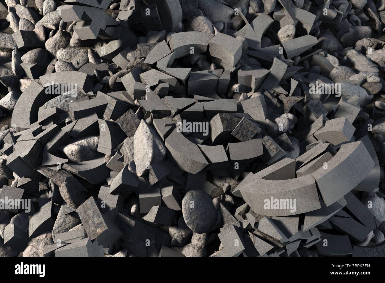 Gebrochene Betonfragmente und glatte Steine zeigen eine flache Form auf Schutt mit eckigen Scherben Stockfoto