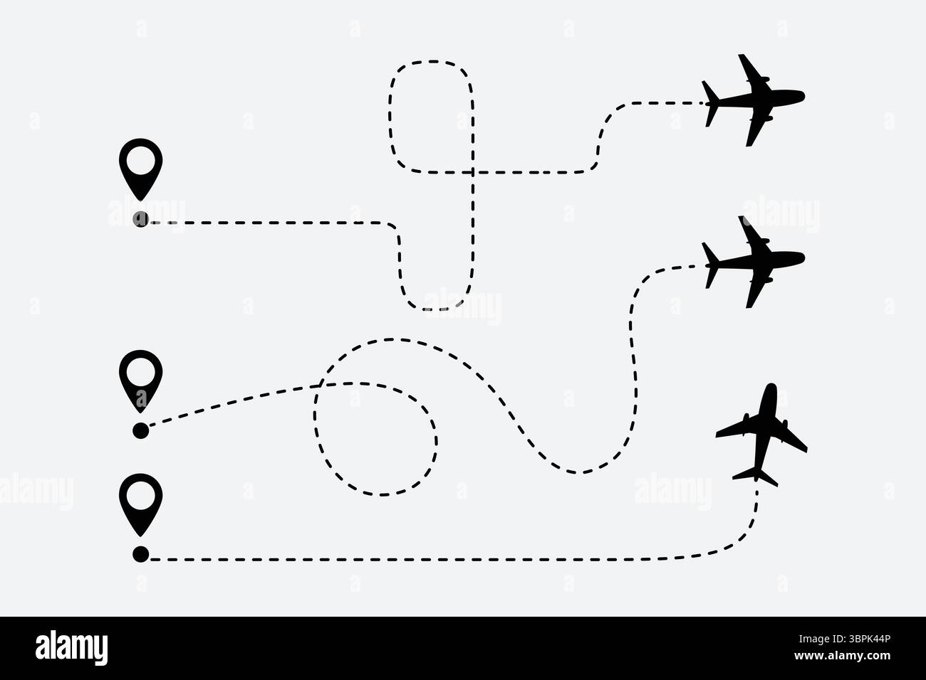 Ein Flugzeug, das entlang einer gepunkteten Linie fliegt, fliegendes Flugzeug mit verdrehter, gekrümmter und gerader gestrichelter Kurvenbahn. Vektorabbildung Stock Vektor