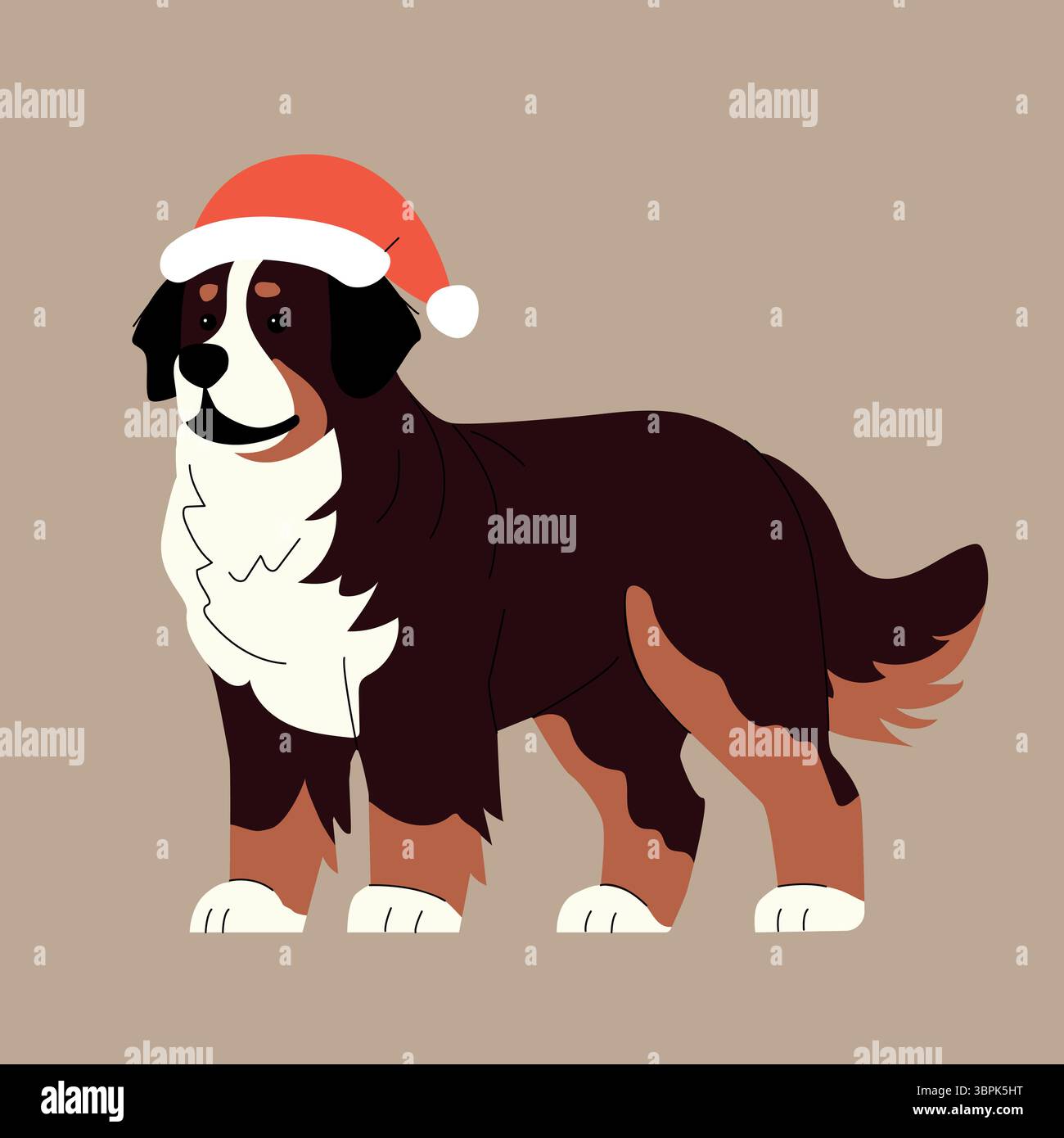 Entzückender Berner Sennenhund mit rotem Weihnachtsmann-Hut. Festliche Zeichentrickillustration auf beigefarbenem Hintergrund. Perfekt für Weihnachtskarten, Wintertier Stock Vektor