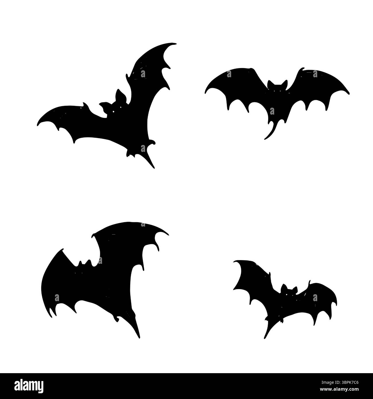 Fledermäuse, dunkle Silhouette, Skizze mit schwarzer und weißer Tinte. Vektorabbildung. Das Set ist ein mystisches Halloween-Gefolge, das auf weißem Hintergrund isoliert ist. Die Stock Vektor