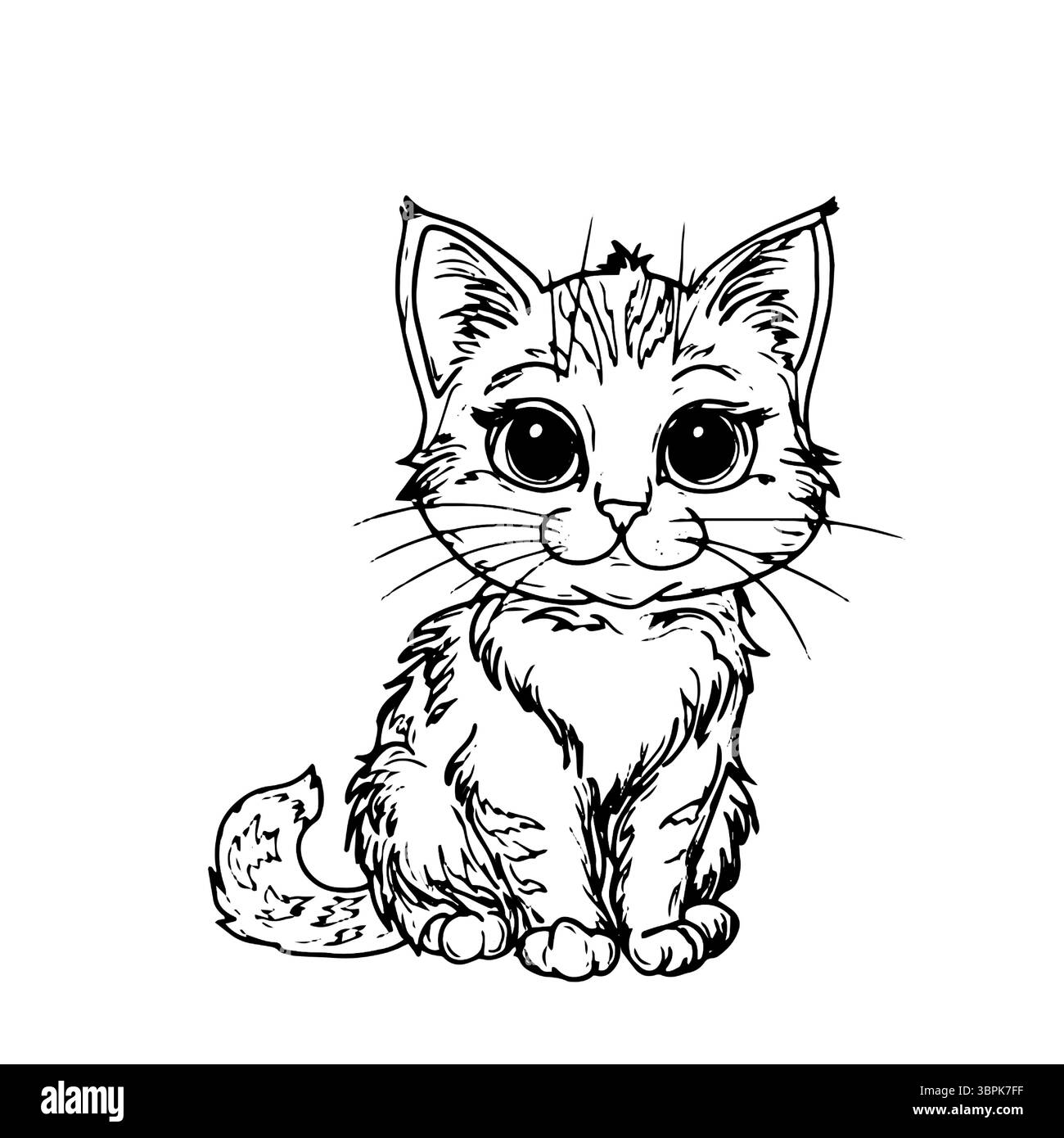 Eine Katze mit flauschigem Schwanz, eine Skizze in schwarz-weißer Tinte. Vektorabbildung. Lustiges Kätzchen, isoliert auf weißem Hintergrund. Einfache Stilzeichnung für Stock Vektor