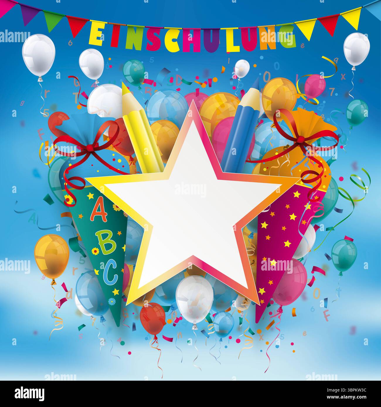Einschulung Star Label Ballons Konfetti Letters Bleistifte Blau SK Deutscher Text Einschulung, übersetzen Einschreiben Stockfoto