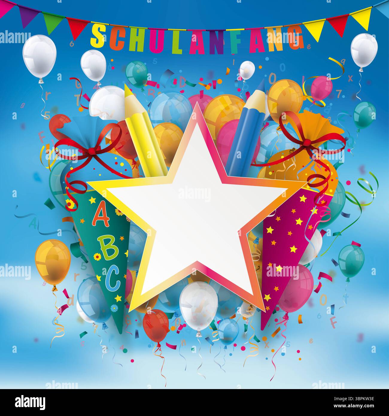 Schulanfang Star Label Ballons Konfetti Letters Bleistifte Blau SK Deutscher Text Schulanfang, übersetzt zurück zur Schule. Stockfoto