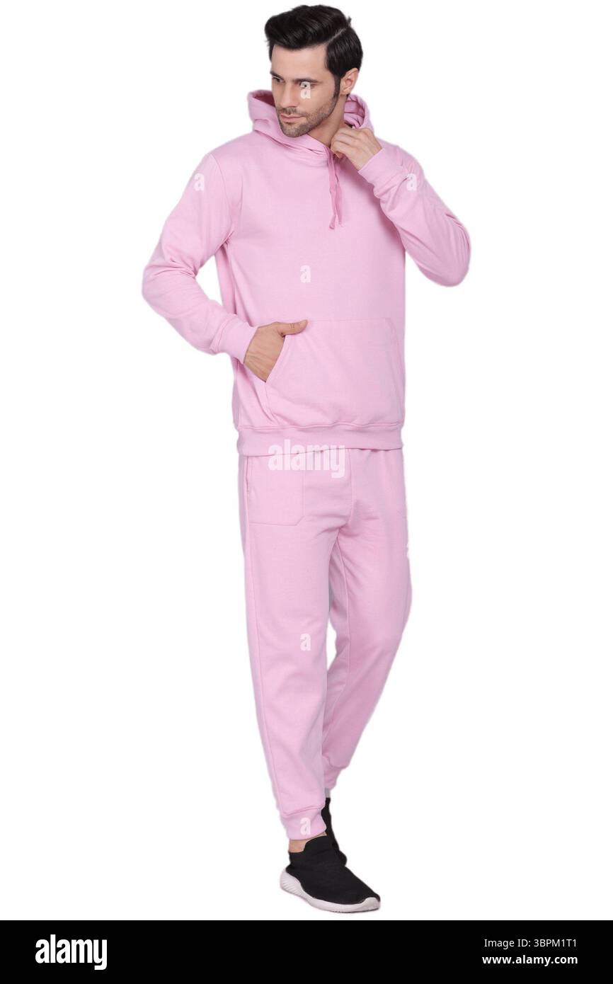 Hoodies/Sweatshirts/Jogginghosen für Herren auf weißem Hintergrund Stockfoto