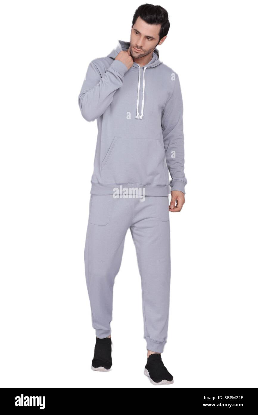 Hoodies/Sweatshirts/Jogginghosen für Herren auf weißem Hintergrund Stockfoto