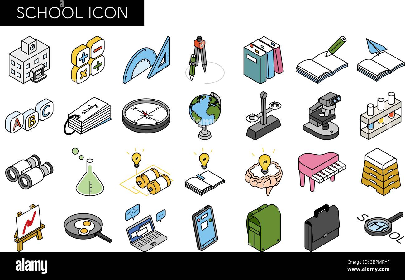 Einfache Linienzeichnung Symbolsatz von Schule und Studium, isometrische Illustration, Vektorillustration Stock Vektor