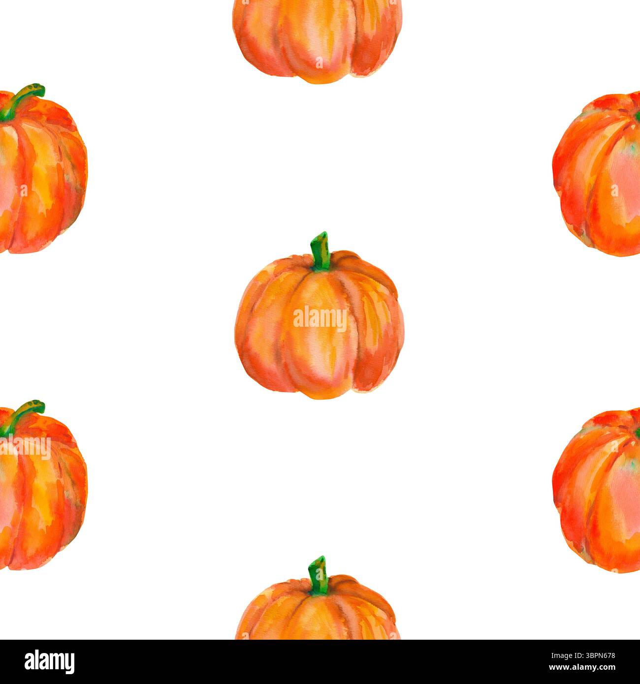 Kürbis. Nahtloses Aquarellmuster mit leuchtend orangen Kürbissen, isoliert auf weiß für saisonale Verpackungen, Geschenkpapier, Poster, Stoffdruck, banne Stockfoto