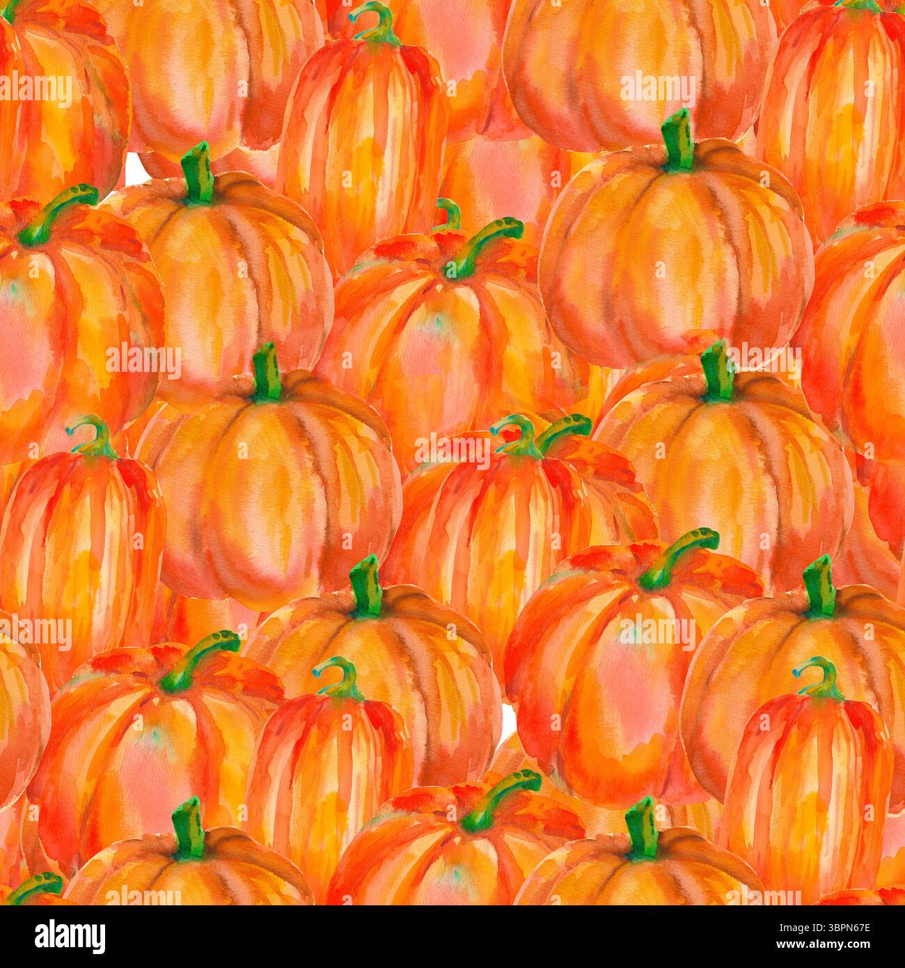 Kürbis. Nahtloses Aquarellmuster mit leuchtend orangen Kürbissen. Für saisonale Verpackungen, Geschenkpapier, Poster, Stoffdruck, Banner, Sammelalbum, Pos. Stockfoto