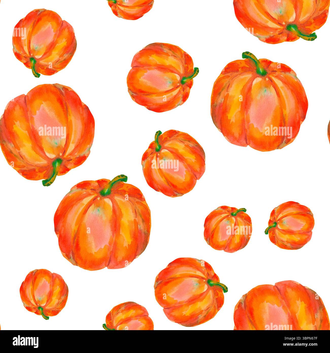 Kürbis. Nahtloses Aquarellmuster mit leuchtend orangen Kürbissen, isoliert auf weiß für saisonale Verpackungen, Geschenkpapier, Poster, Stoffdruck, banne Stockfoto