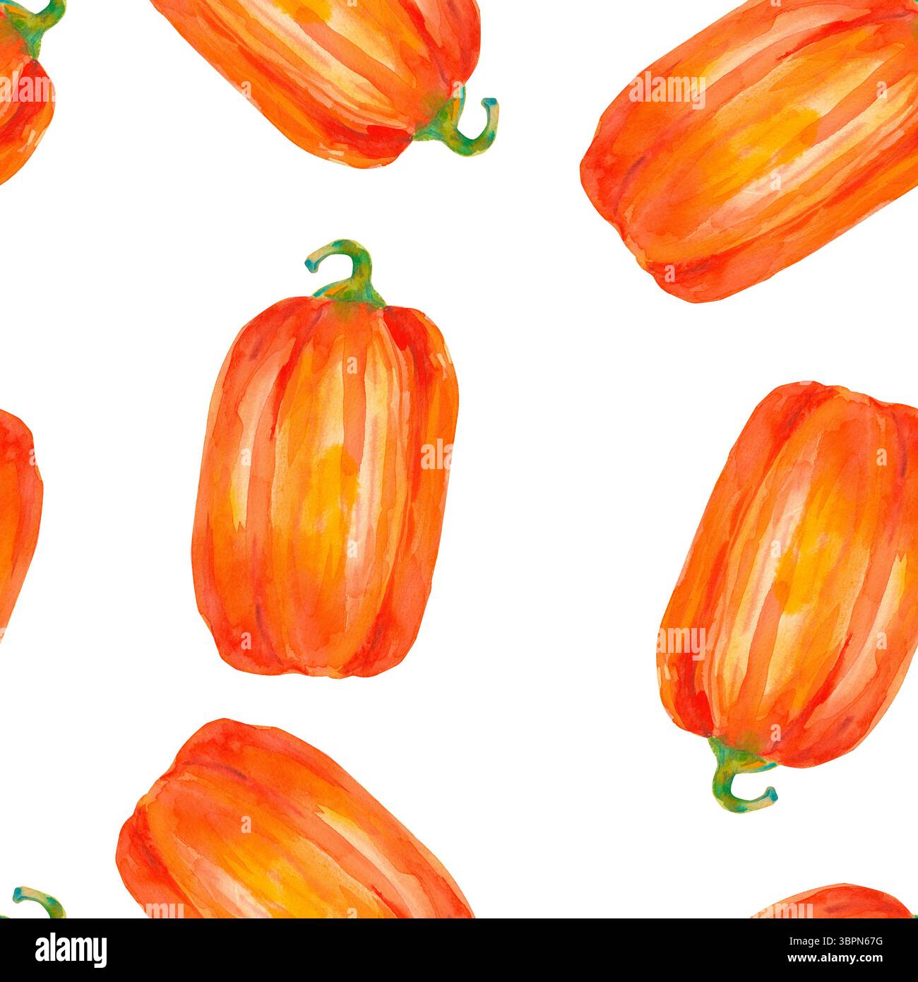 Kürbis. Nahtloses Aquarellmuster mit leuchtend orangen Kürbissen, isoliert auf weiß für saisonale Verpackungen, Geschenkpapier, Poster, Stoffdruck, banne Stockfoto