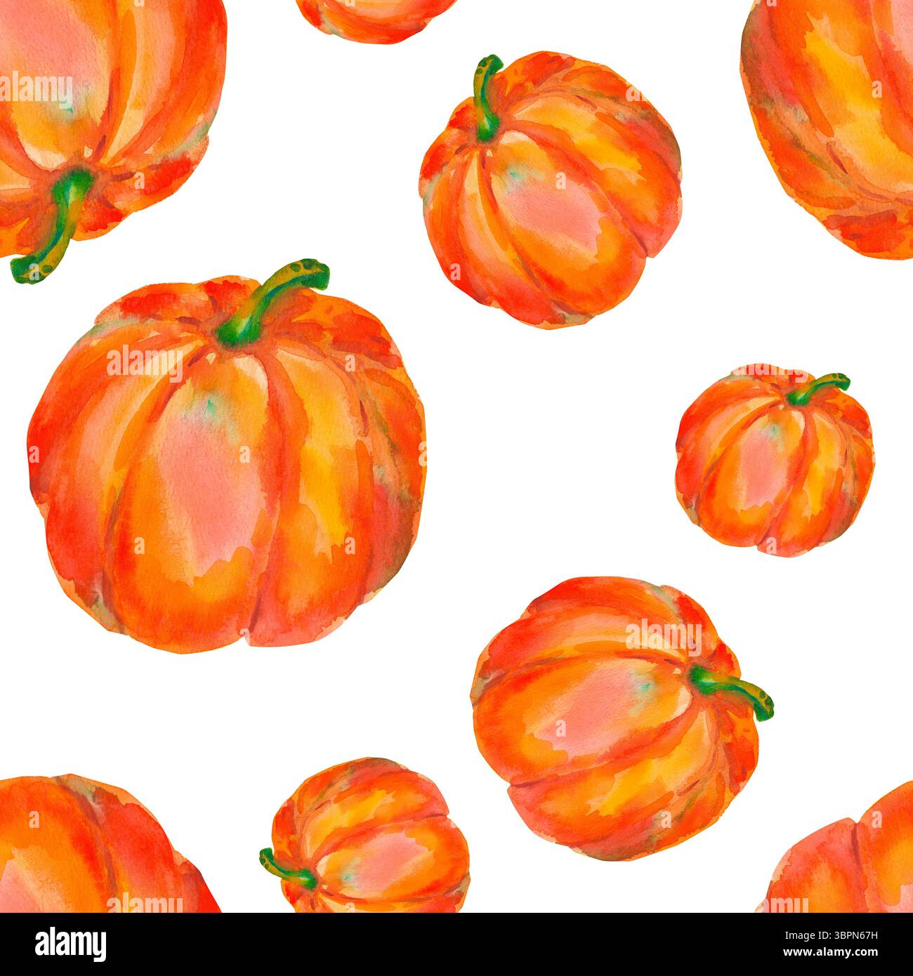Kürbis. Nahtloses Aquarellmuster mit leuchtend orangen Kürbissen, isoliert auf weiß für saisonale Verpackungen, Geschenkpapier, Poster, Stoffdruck, banne Stockfoto
