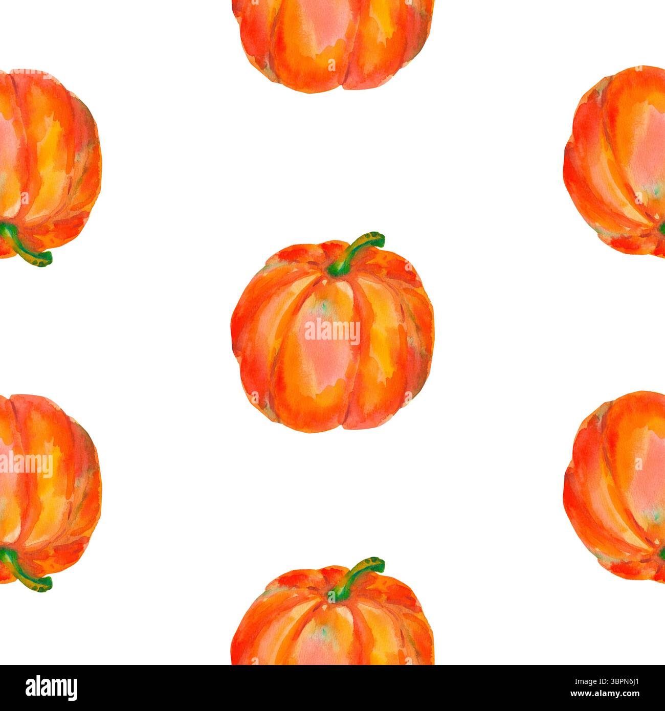 Kürbis. Nahtloses Aquarellmuster mit leuchtend orangen Kürbissen, isoliert auf weiß für saisonale Verpackungen, Geschenkpapier, Poster, Stoffdruck, banne Stockfoto
