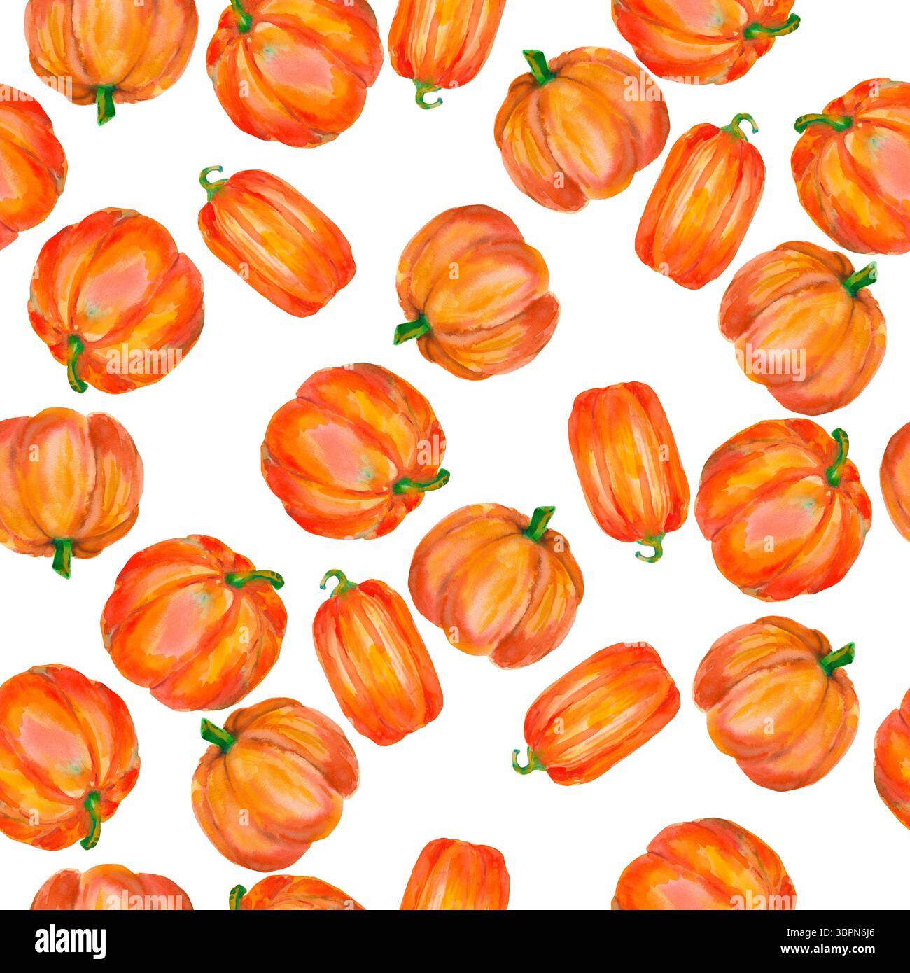 Kürbis. Nahtloses Aquarellmuster mit leuchtend orangen Kürbissen, isoliert auf weiß für saisonale Verpackungen, Geschenkpapier, Poster, Stoffdruck, banne Stockfoto