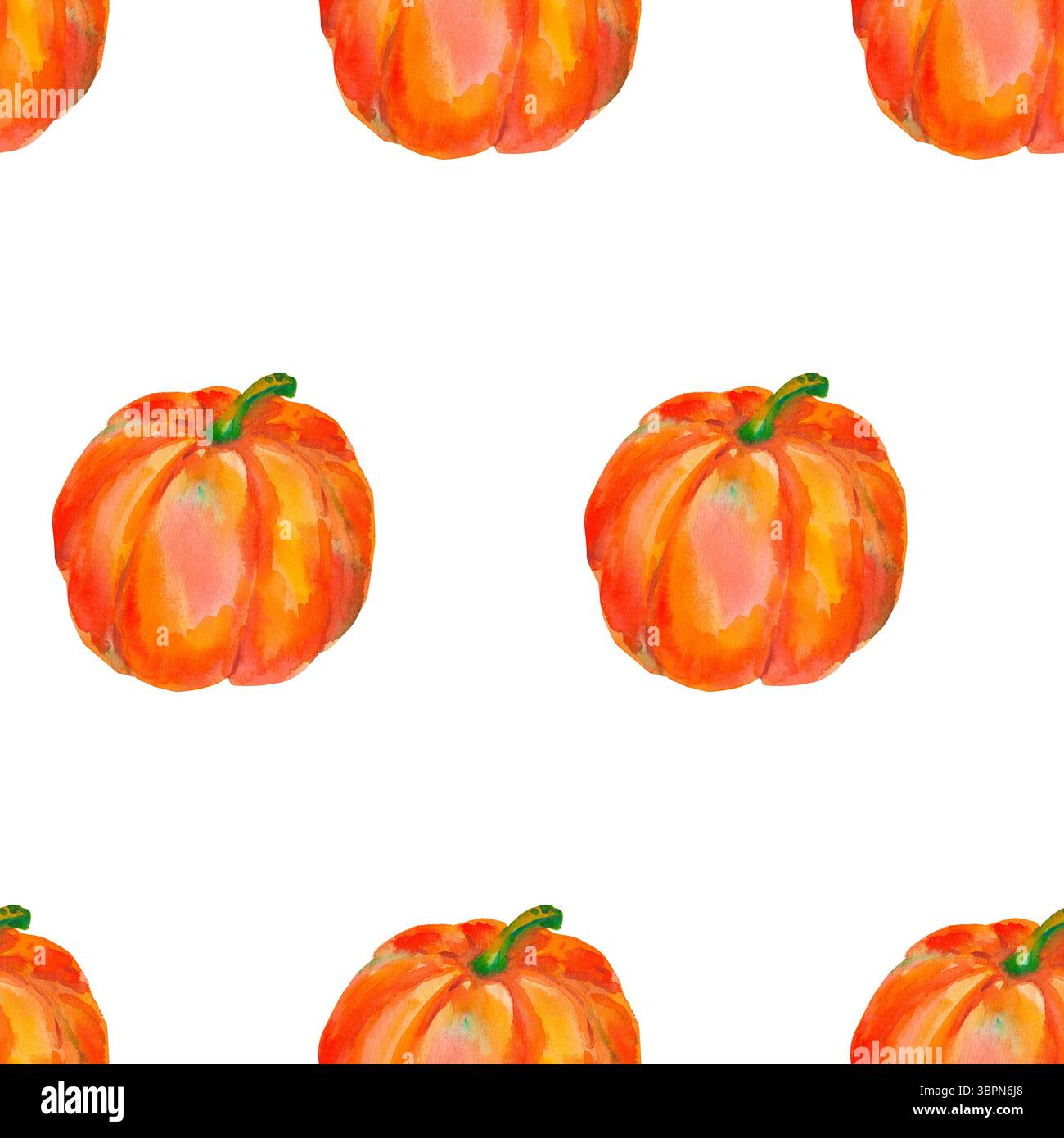 Kürbis. Nahtloses Aquarellmuster mit leuchtend orangen Kürbissen, isoliert auf weiß für saisonale Verpackungen, Geschenkpapier, Poster, Stoffdruck, banne Stockfoto