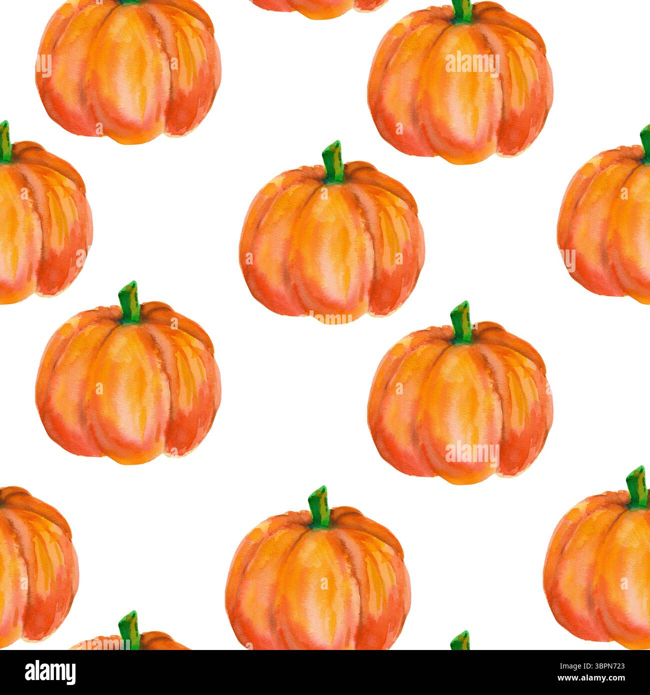 Kürbis. Nahtloses Aquarellmuster mit leuchtend orangen Kürbissen, isoliert auf weiß für saisonale Verpackungen, Geschenkpapier, Poster, Stoffdruck, banne Stockfoto