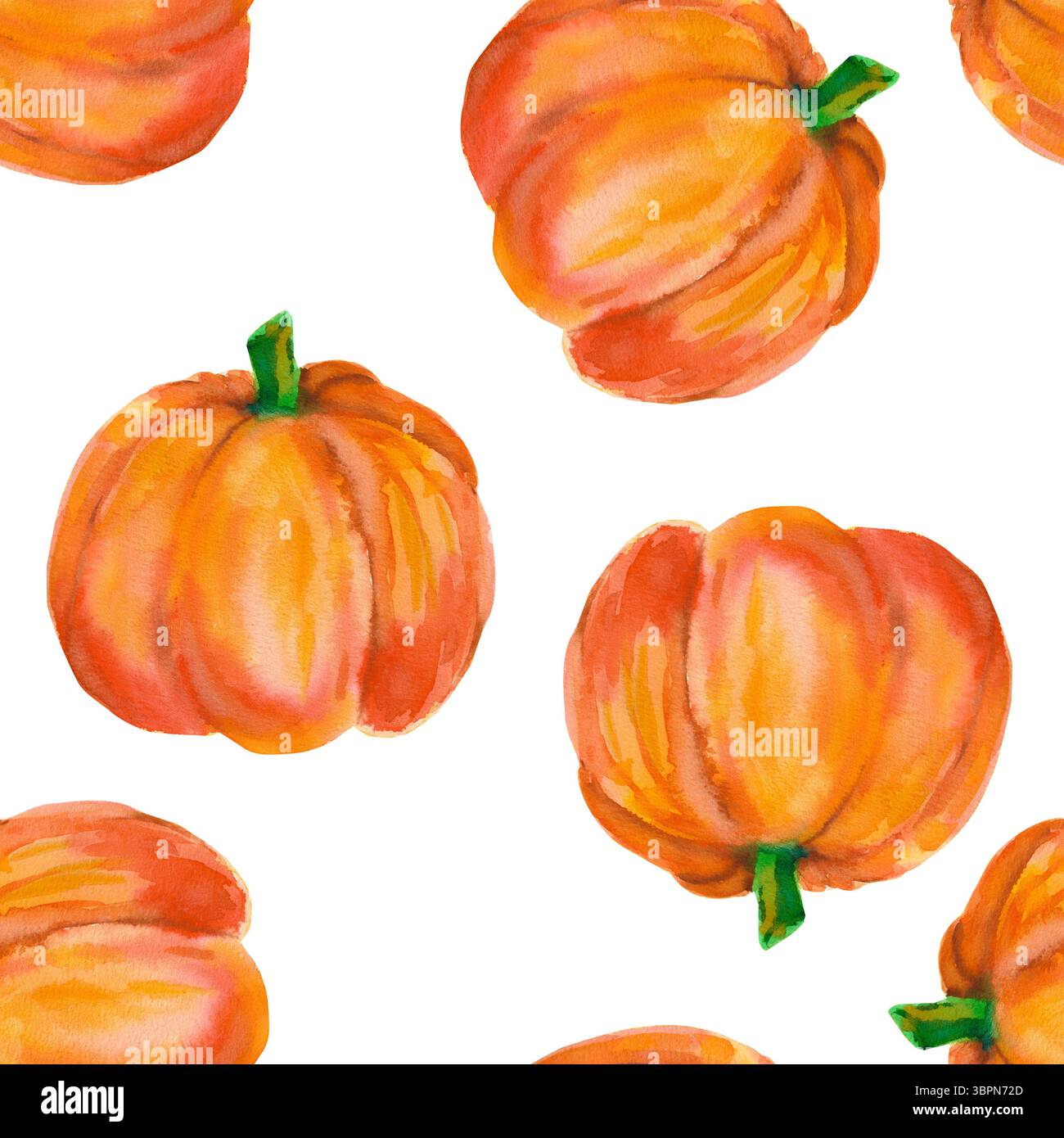 Kürbis. Nahtloses Aquarellmuster mit leuchtend orangen Kürbissen, isoliert auf weiß für saisonale Verpackungen, Geschenkpapier, Poster, Stoffdruck, banne Stockfoto