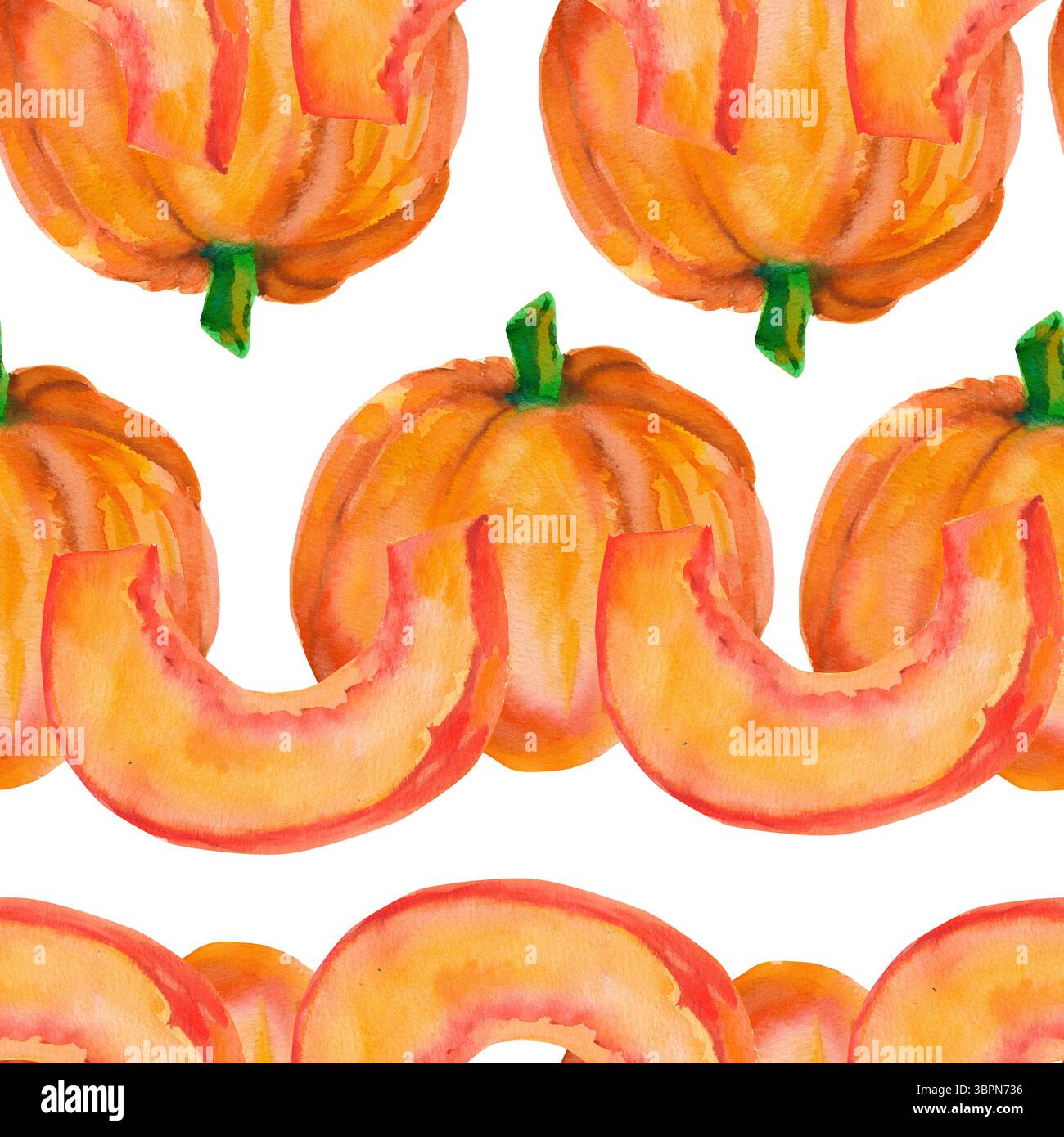 Kürbis. Nahtloses Aquarellmuster mit leuchtend orangen Kürbissen, isoliert auf weiß für saisonale Verpackungen, Geschenkpapier, Poster, Stoffdruck, banne Stockfoto