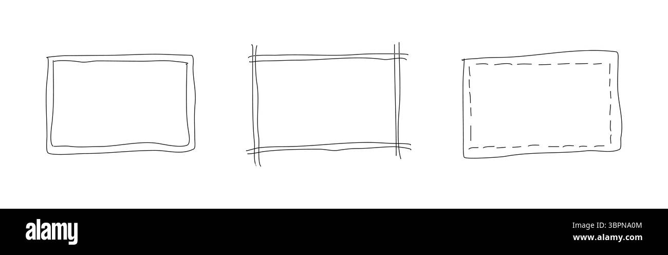 Kritzeln Sie rechteckige Formen. Elemente hervorheben. Satz handgezeichneter rechteckiger Rahmen. Quadratisches Textfeld mit Scribble. Gefütterter einfacher Rahmen. Grafik Stock Vektor