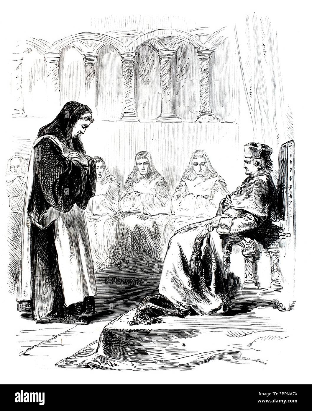 Leben in einem Kloster, Mönche, ein Prior, das Oberhaupt des Klosters, sich vor dem Bischof verbeugen, 1860, digital verbesserte Reproduktion eines Originals aus dem 19. Jahrhundert, historisch, exaktes Datum unbekannt Stockfoto