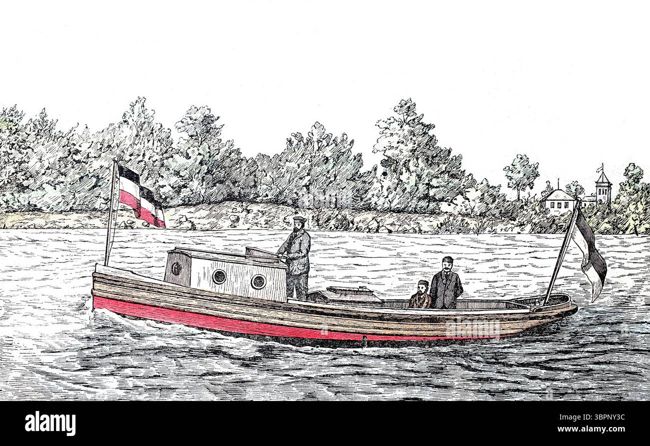 Motorboot mit Erdölmotor, gebaut von JM Grob & Co. In Eutritzsch-Leipzig, einer Spezialfabrik für den Bau von Erdölmotoren, digital verbesserte Nachbildung eines Modells aus dem 19. Jahrhundert, historisch, exaktes Datum unbekannt Stockfoto