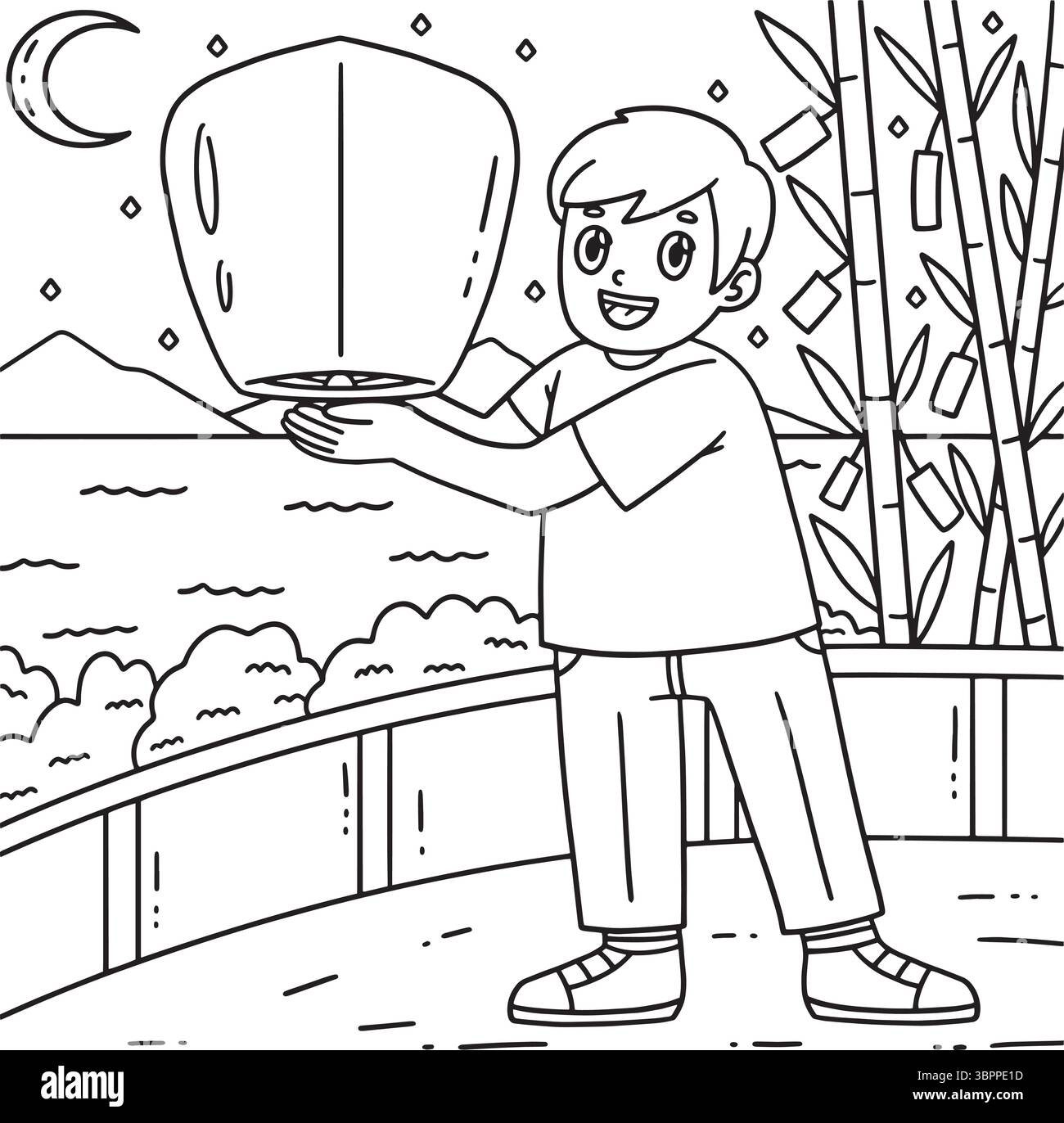 Tanbata Boy mit einer Himmelslaterne Ausmalseite Stock Vektor
