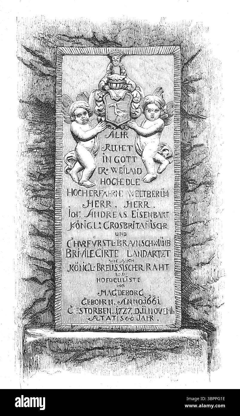 Das Grab von Dr. Eisenbart in der Aegidienkirche in Hann. Münden. Johann Andreas Eisenbarth, Eisenbart, Eysenbart, Eysenparth, geboren vermutlich am 27. März 1663, gestorben am 11. November 1727, war ein deutscher Handwerkschirurg, der durch seine erfolgreiche Heilung als Wanderchirurg, insbesondere als Steinschneider und Frakturschneider, sowie als Augenarzt als Kataraktstecher landesweit große Berühmtheit erlangte. Historische Reproduktion eines Originals mit einer Szene aus dem 19. Jahrhundert. Stockfoto