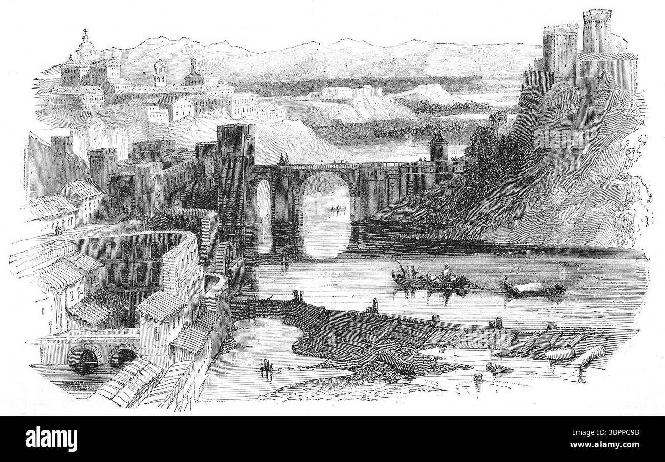 Blick auf Toledo in Spanien, historisch, Reproduktion eines Originals mit einer Szene aus dem 19. Jahrhundert Stockfoto