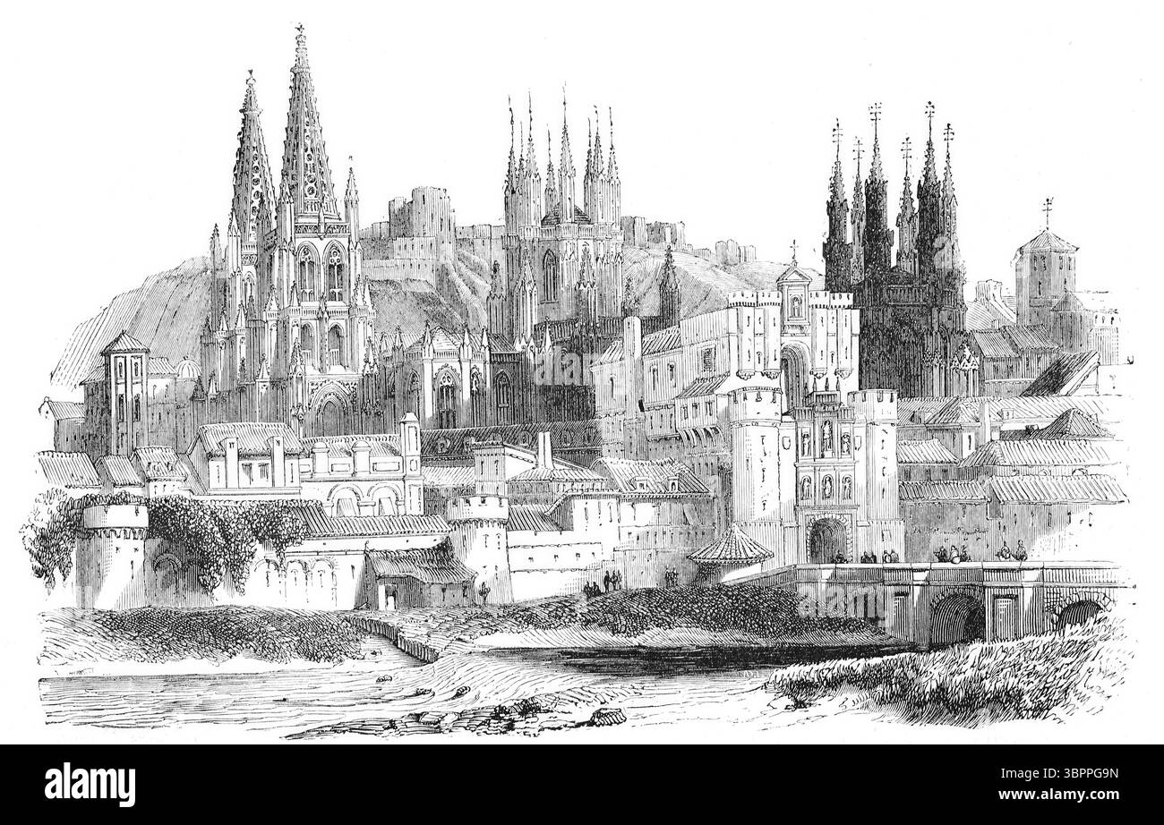 Blick auf Burgos, Kastilien-Leon, Spanien, historische Reproduktion eines Originals mit einer Szene aus dem 19. Jahrhundert Stockfoto