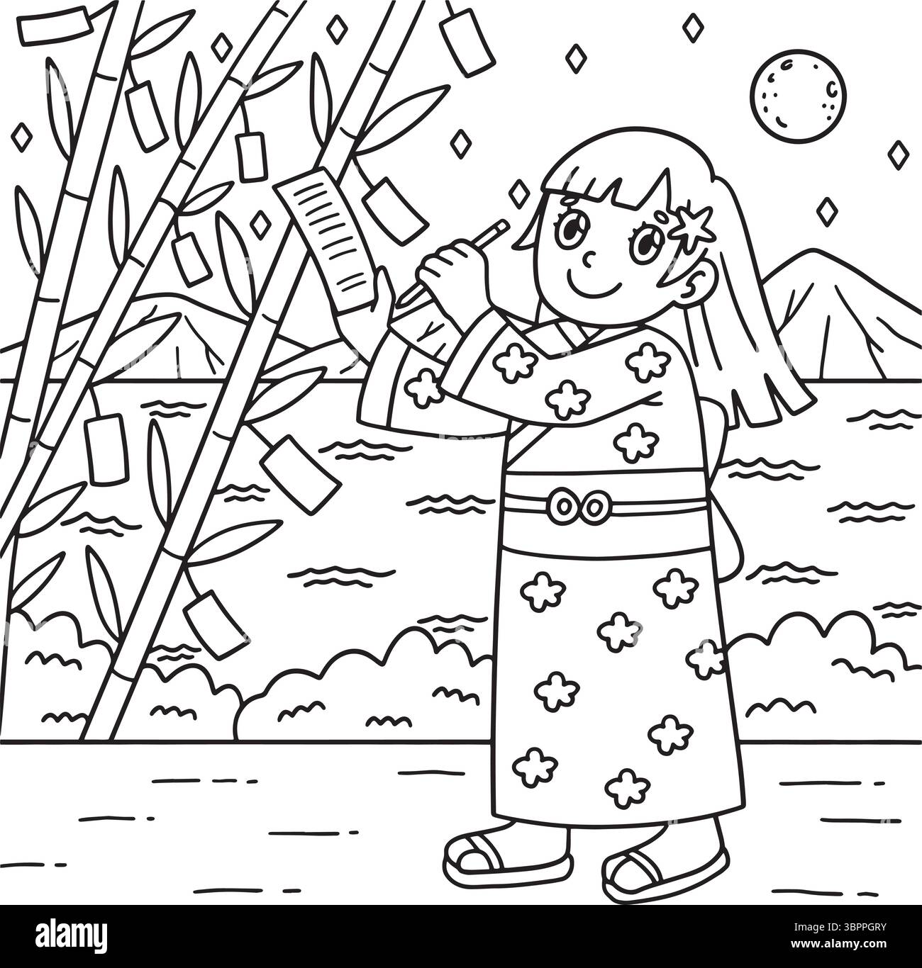 Tanbata Girl schreibt eine Wunschmalseite für Kinder Stock Vektor