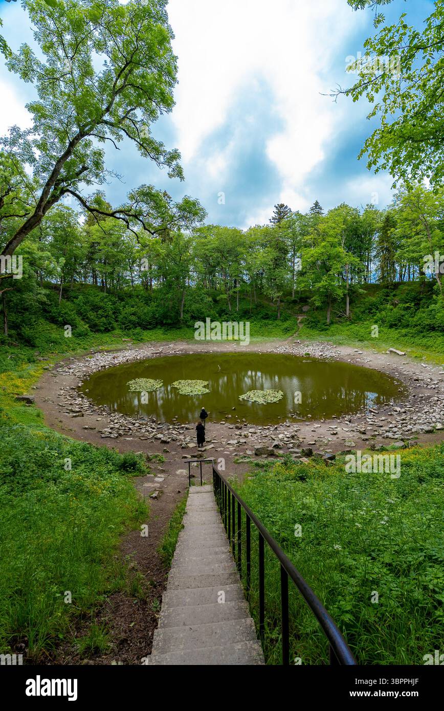 Malerischer Meteoritenkratersee Kaali umgeben von bewaldetem Gelände. Stockfoto