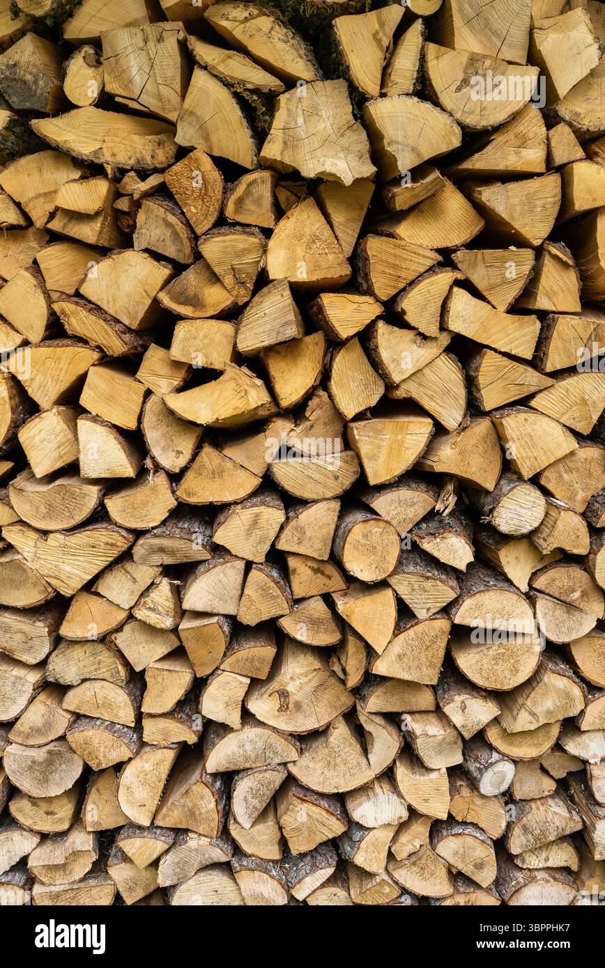 Stapel von fein gehacktem Brennholz in einem Holzschuppen. Stockfoto