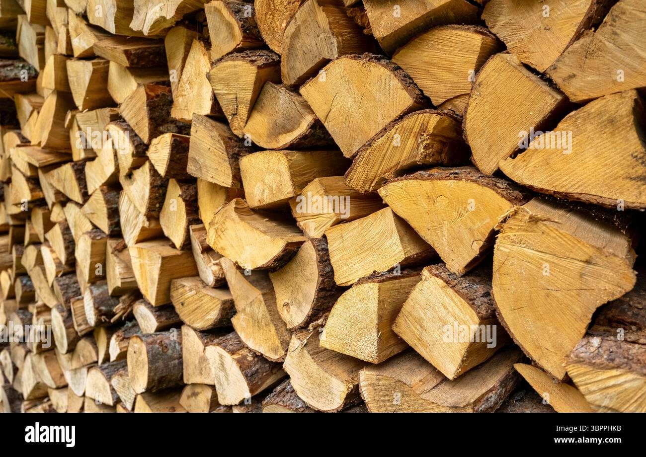 Stapel von fein gehacktem Brennholz in einem Holzschuppen. Stockfoto
