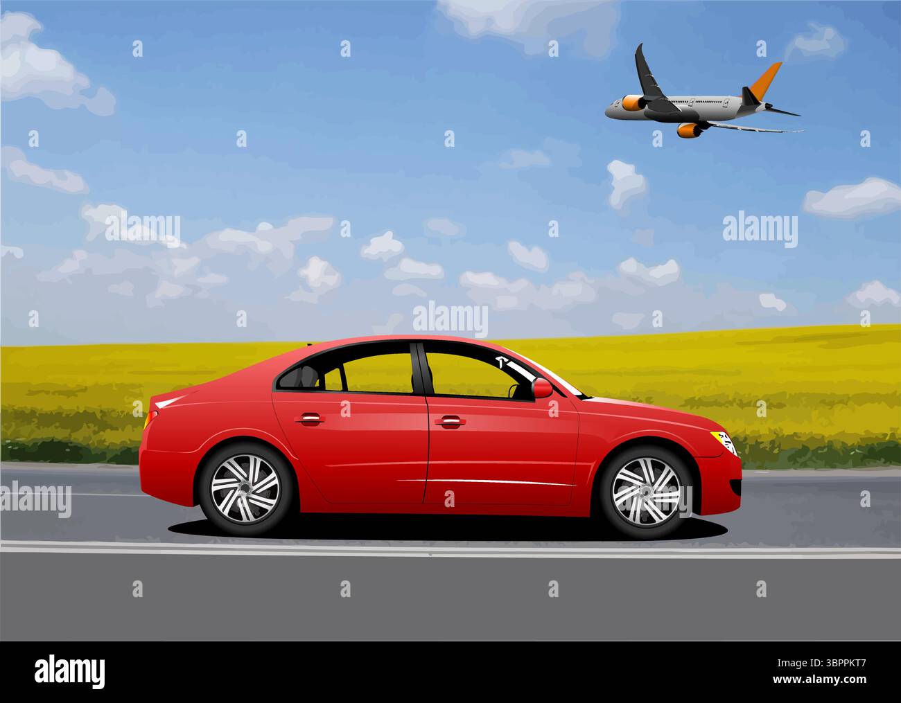 Orangefarbene Limousine auf der Straße und auf dem Feld Hintergrund. 3D-Farbe Hand gezeichnete Vektorillustration Stock Vektor