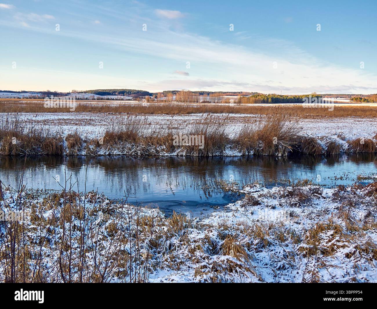 Winterlandschaft mit kleinem Fluss und schneebedeckten Feldern Stockfoto