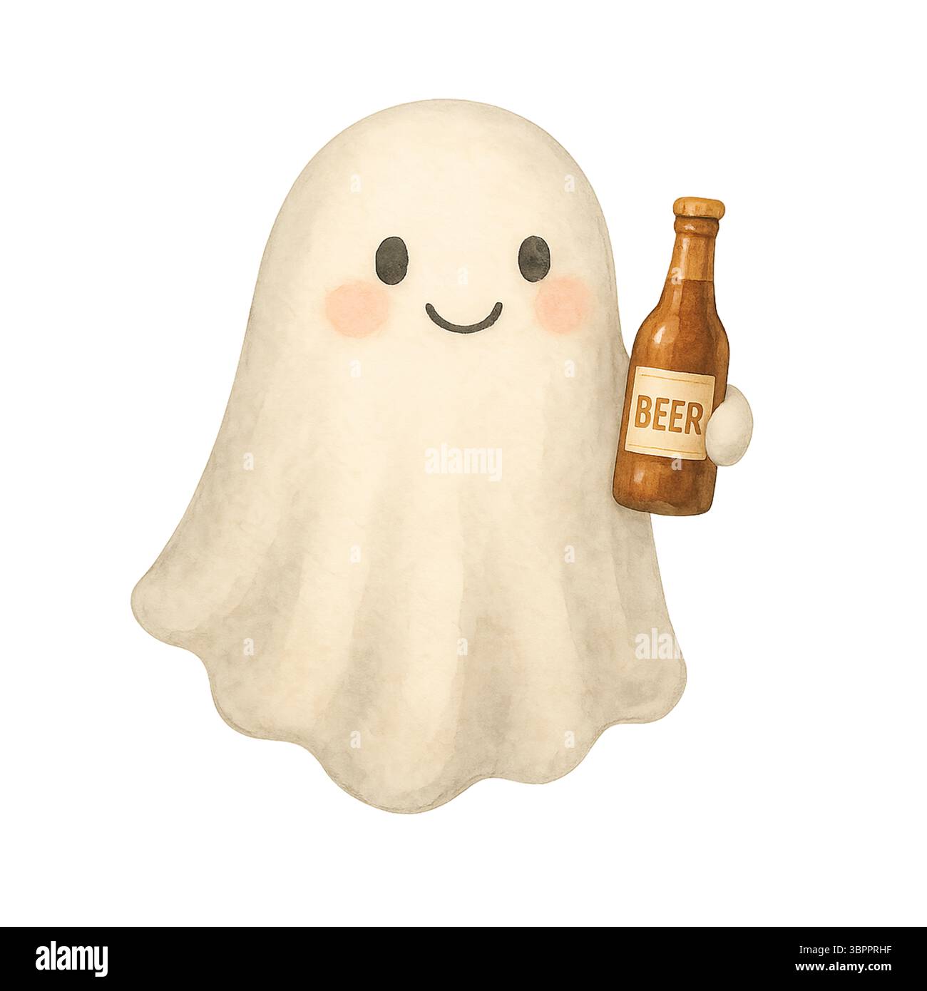 Happy Ghost Holding Beer – Lustige Halloween-Schnaps-Illustration Stockfoto