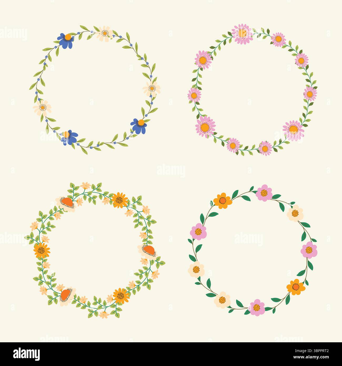 Schöne Handgezeichnete Blumenkränze Kollektion. Zarte Blumenkronen mit Frühlings- und Sommerelementen. Perfekt für Einladungen, Karten, Logos, Druck, Web Stock Vektor