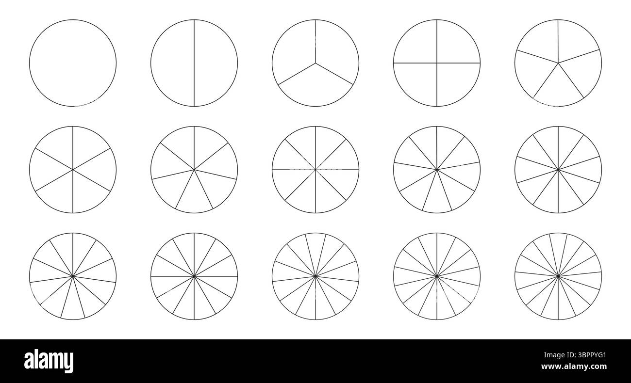 Segmentsegment-Symbol. Tortendiagramm-Vorlage. Kreisschnittdiagramm Liniengrafik 1,2,3,4,5,6,7,8,9,10,11,12,13,14,15 Segmente Infografik. Diagramm Radteile Stock Vektor