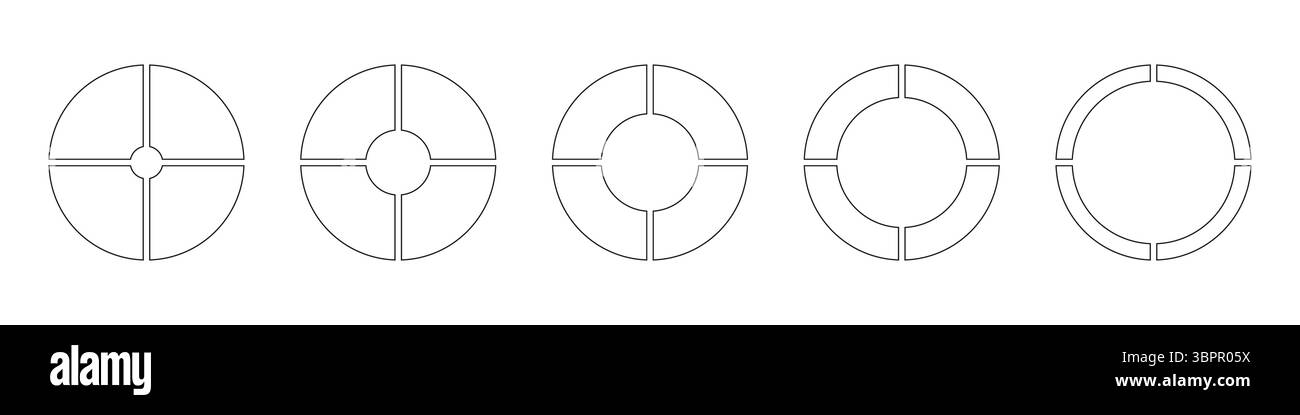 Die Räder sind in vier Abschnitte unterteilt. Infografik-Set „Diagramme“. Kreisschnittdiagramm. Strichgrafik. Umreißen Sie Donut-Diagramme, Torten, die auf 4 gleiche Teile segmentiert sind Stock Vektor