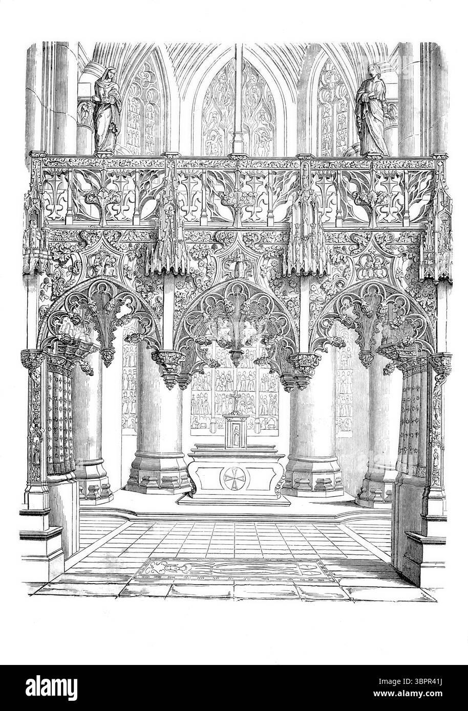 Ein rood-Schirm, auch Doxale genannt, ist eine Stein- oder Holzbarriere, die von der Höhe des Mannes bis zur Raumhöhe reicht und insbesondere in Kathedralen, Klöstern und Stiftskirchen den Raum für die Priester oder Mönche vom Rest des Kirchenraums, der für die Laien bestimmt war, trennte. Kirche Sainte-Madeleine in Troyes, um 1850, Grand Est, Frankreich. Historische, digital verbesserte Reproduktion eines Originals aus der Zeit um 1860. Stockfoto