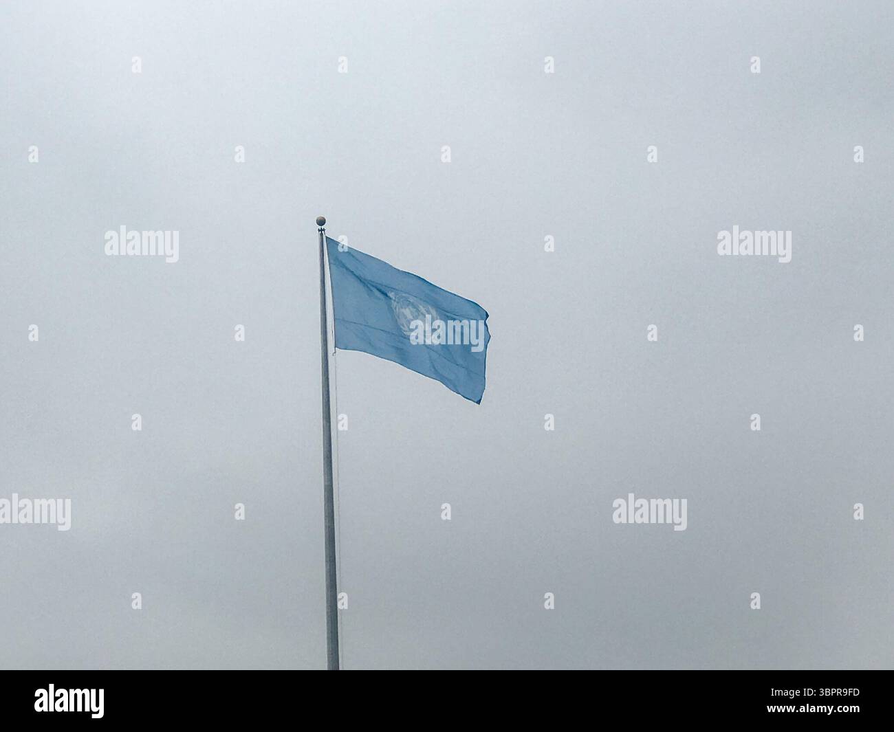 NYC, New York - 14. Februar 2019: Die Flagge der Vereinten Nationen, die im Hauptquartier von Le Corbusier in New York City aufgestellt wurde Stockfoto