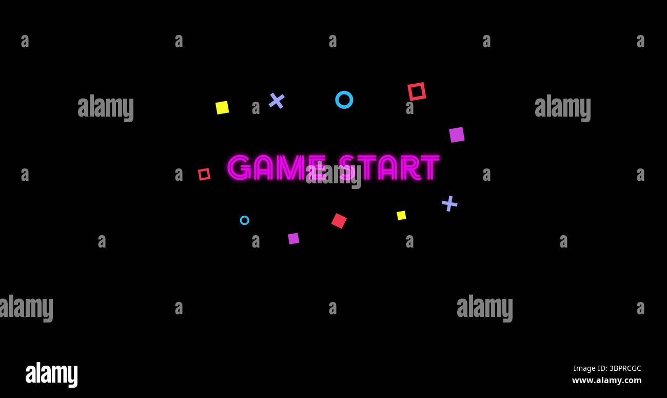Der STARTTEXT DES SPIELS in Neonpink blinkt auf dem LED-Bildschirm, wobei farbige geometrische Formen schwebend erscheinen Stockfoto