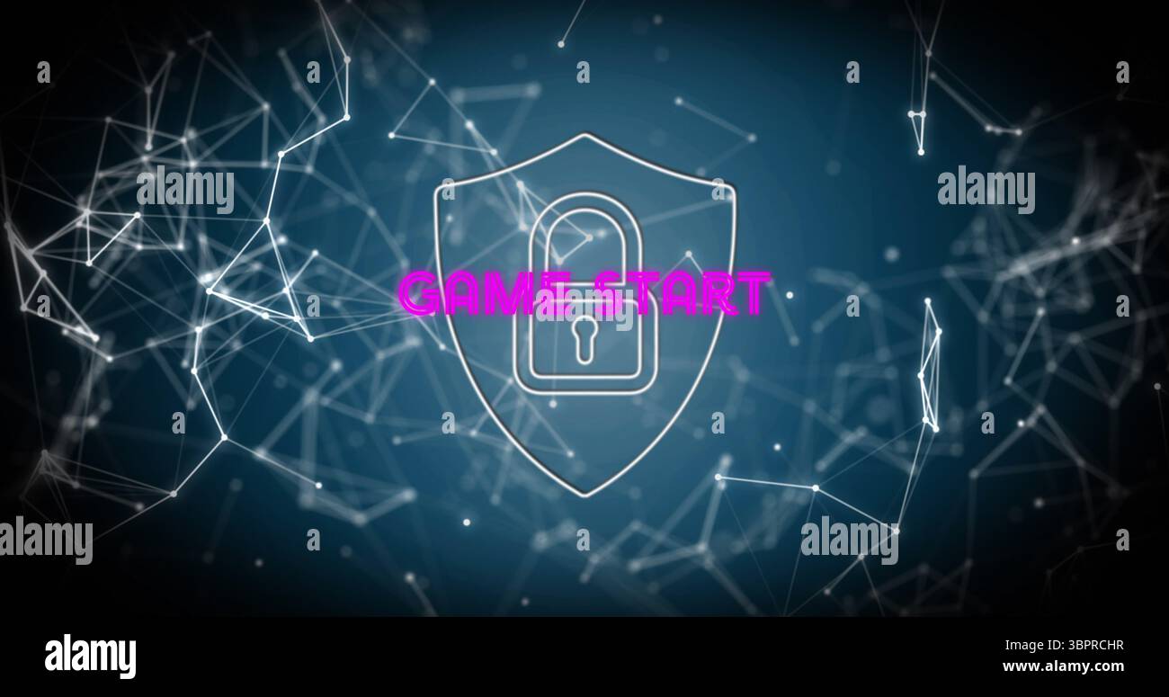 Das Schild-Symbol mit Keyhole und NEONSPIEL-STARTTEXT über blaues Netzwerk mit leuchtenden Knoten Stockfoto