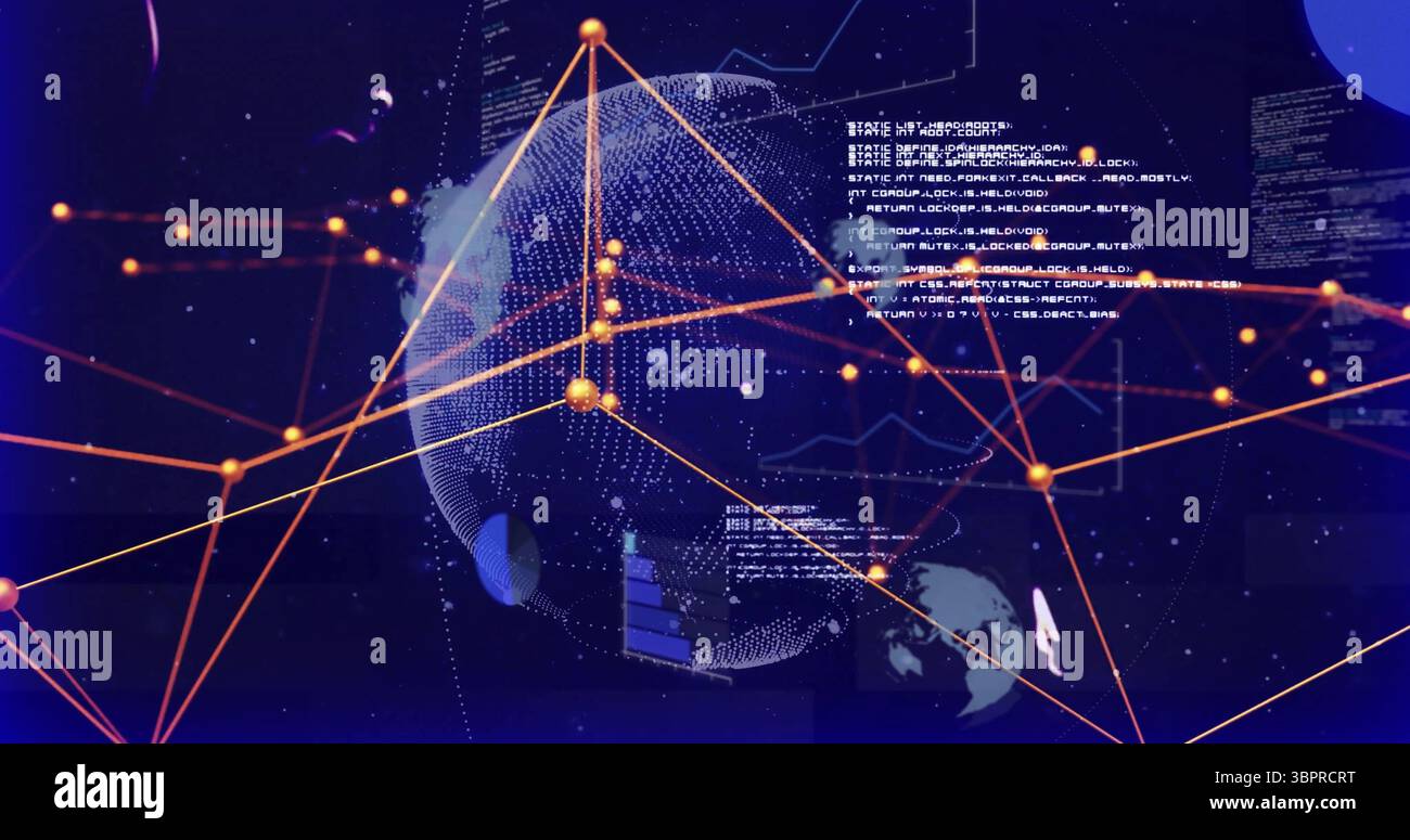 Anzeige einer gepunkteten Kugel, die orangefarbene Netzwerkknoten in einer visuellen Datenszene mit Balkendiagrammen und Code verbindet Stockfoto