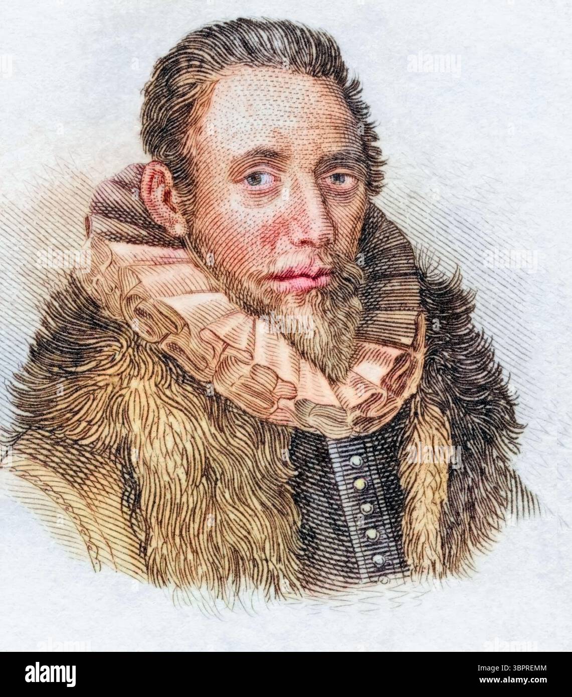 Paul Merula, Paulus van Merle (geb. 19. August 1558 in Dordrecht, gest. 20. Juli 1607 in Rostock) war ein niederländischer Jurist, Historiker und Geograph, colorierter Holzschnitt aus Crabbes Historical Dictionary aus dem Jahre 1825, Historisch, digitale Reproduktion Stockfoto