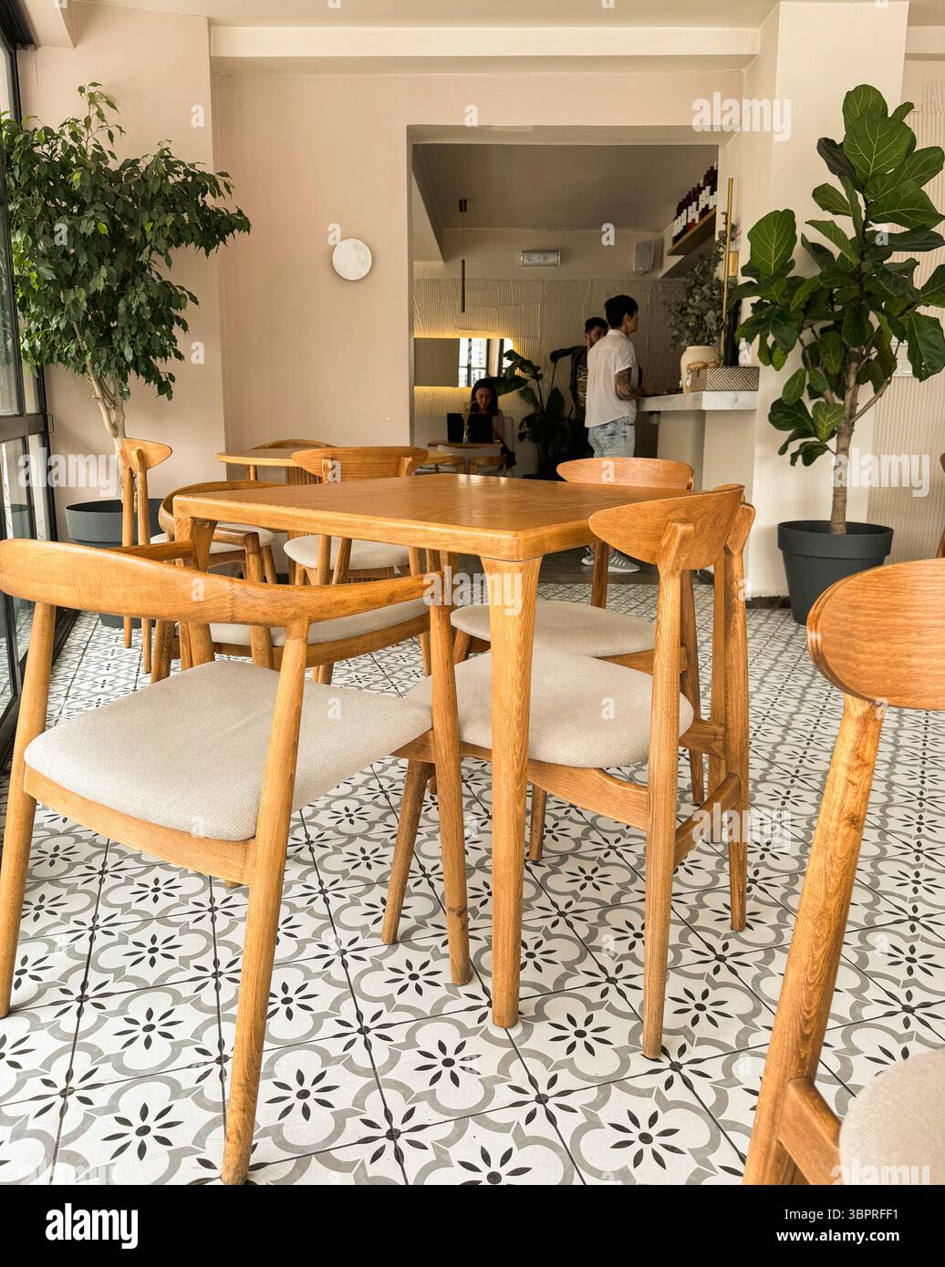 Helles und stilvolles Café-Interieur mit Holzmöbeln und dekorativen Pflanzen in gemütlicher Umgebung Stockfoto