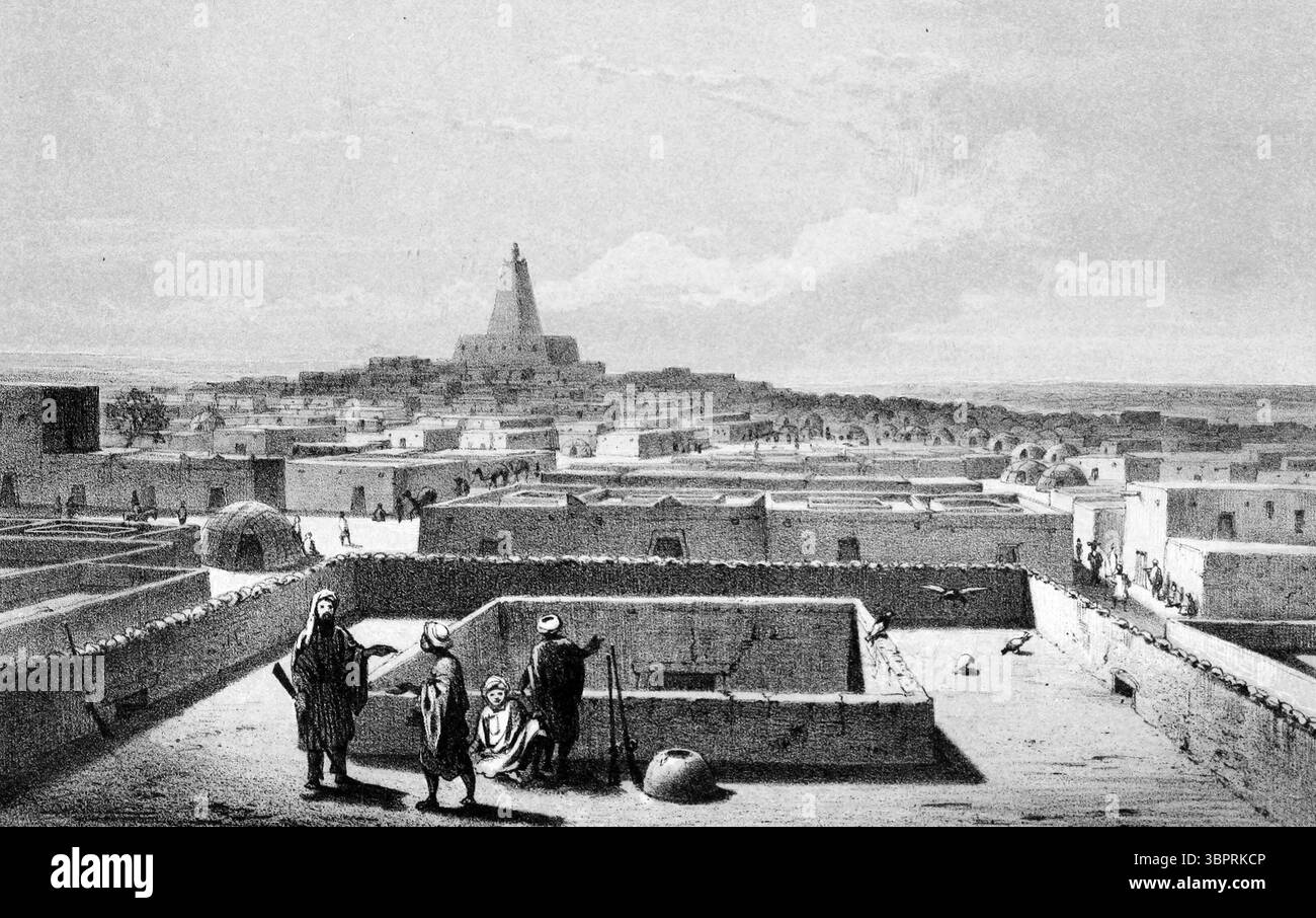 Timbuktu. Lithographie mit dem Titel "Timbuktu from the Terrace of the Traveller's House" von Martin Bernatz, 1858. Die Illustration stammt aus einem Buch mit dem Titel „Travels and Discoveries in North and Central Africa: Being a Journal of an Expedition made under the Aspices of H.B.M.’s Government, in the years 1849–1855 (Band 4)“ Stockfoto