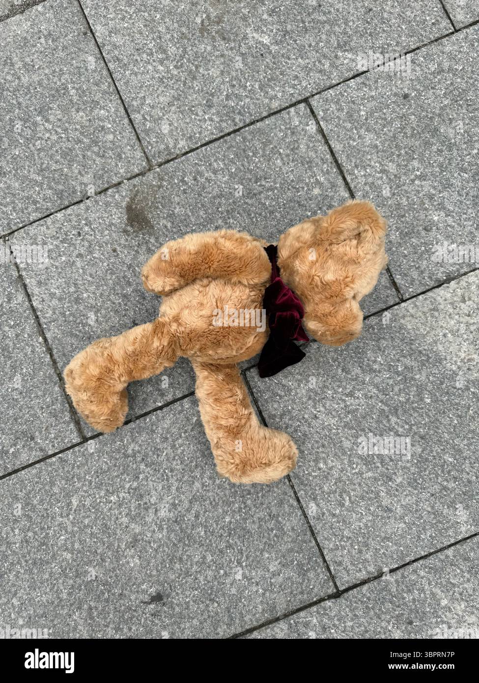 Das Foto zeigt einen braunen gefüllten Teddybär mit dunkelroter Fliege, der mit dem Gesicht nach unten auf grauen Steinpflasterfliesen liegt. Der Bär scheint verlassen zu sein oder zu fallen Stockfoto