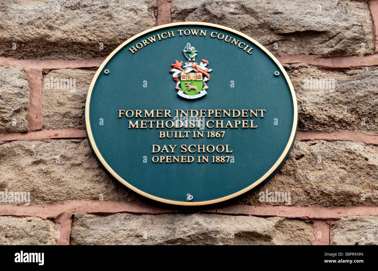 Grüne Plakette der Independent Methodist Chapel. Lee Lane, Horwich. Stockfoto