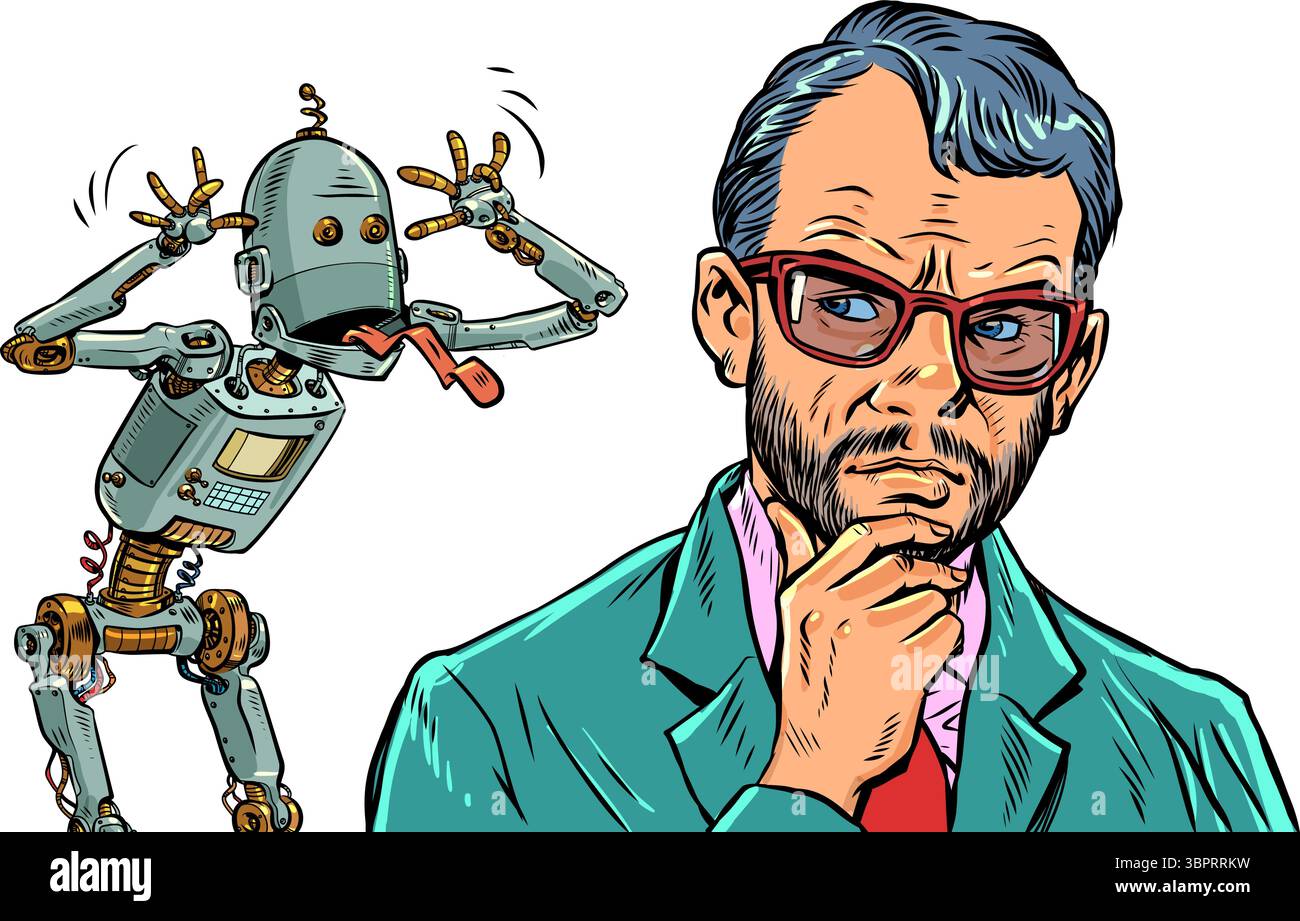 Konflikt zwischen Mensch und KI. Künstliche Intelligenz neckt den Menschen. Wettbewerb zwischen Mitarbeitern und Maschinen. Pop Art Retro Vektor Illustration K Stock Vektor